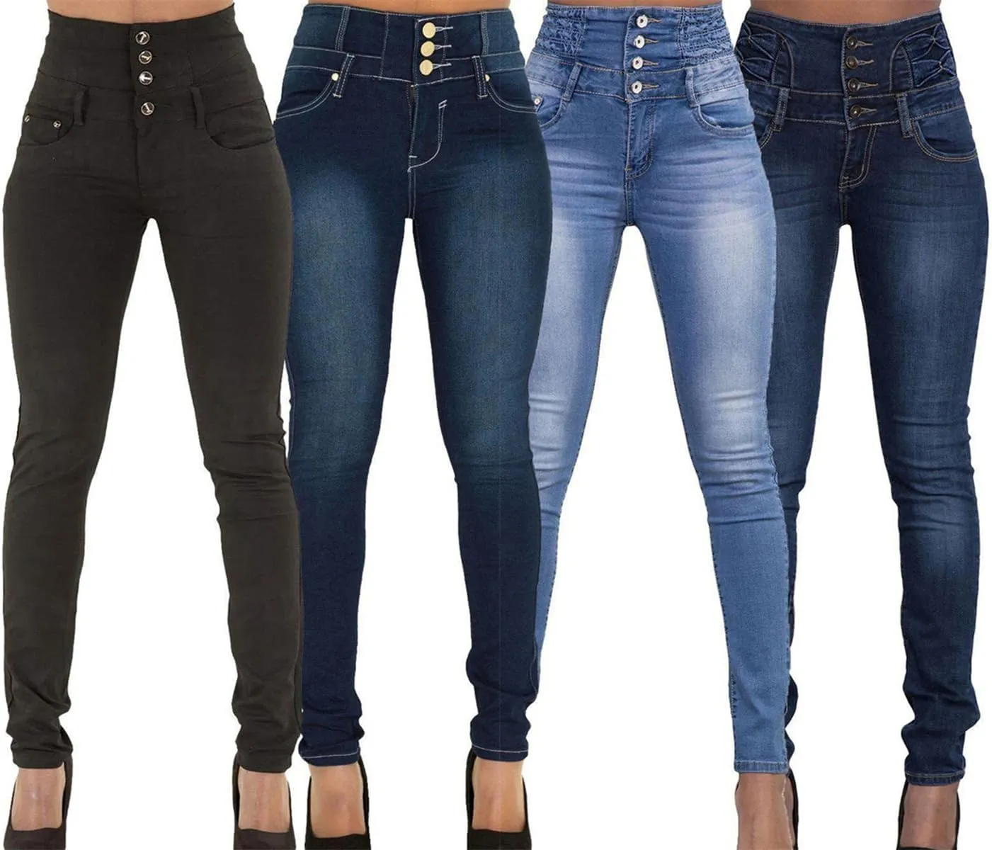 Andongnywell Women Butt Lifting Skinny Jeans High Rise Pockets Denim Pants Stretch Slim Multiple Buttons Trousers