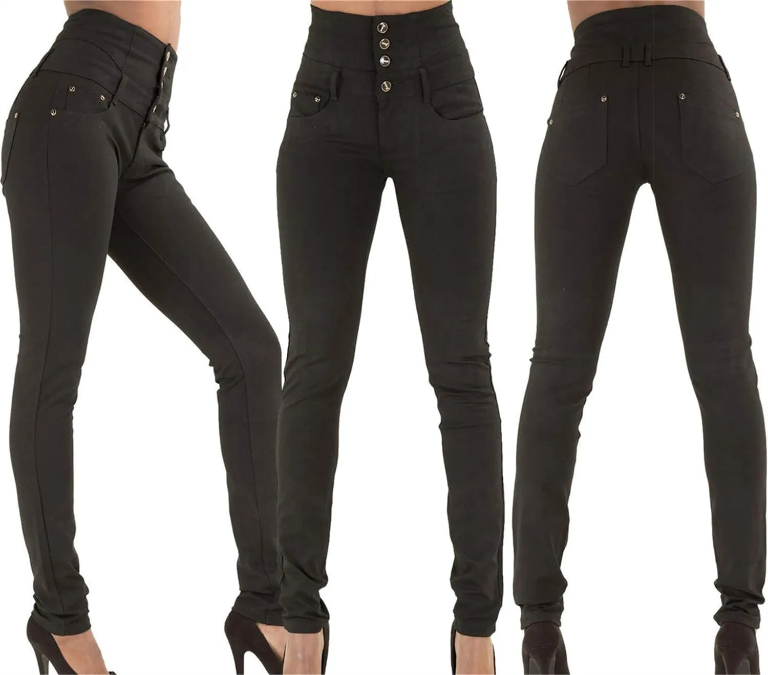 Andongnywell Women Butt Lifting Skinny Jeans High Rise Pockets Denim Pants Stretch Slim Multiple Buttons Trousers