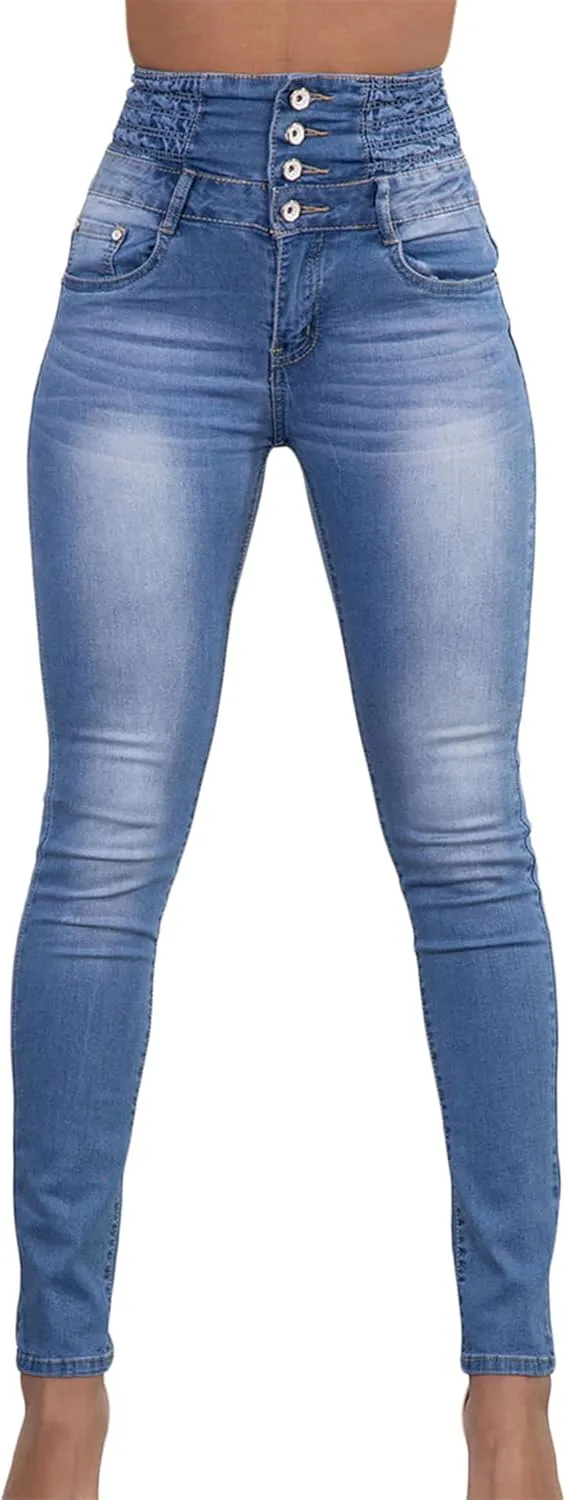 Andongnywell Women Butt Lifting Skinny Jeans High Rise Pockets Denim Pants Stretch Slim Multiple Buttons Trousers