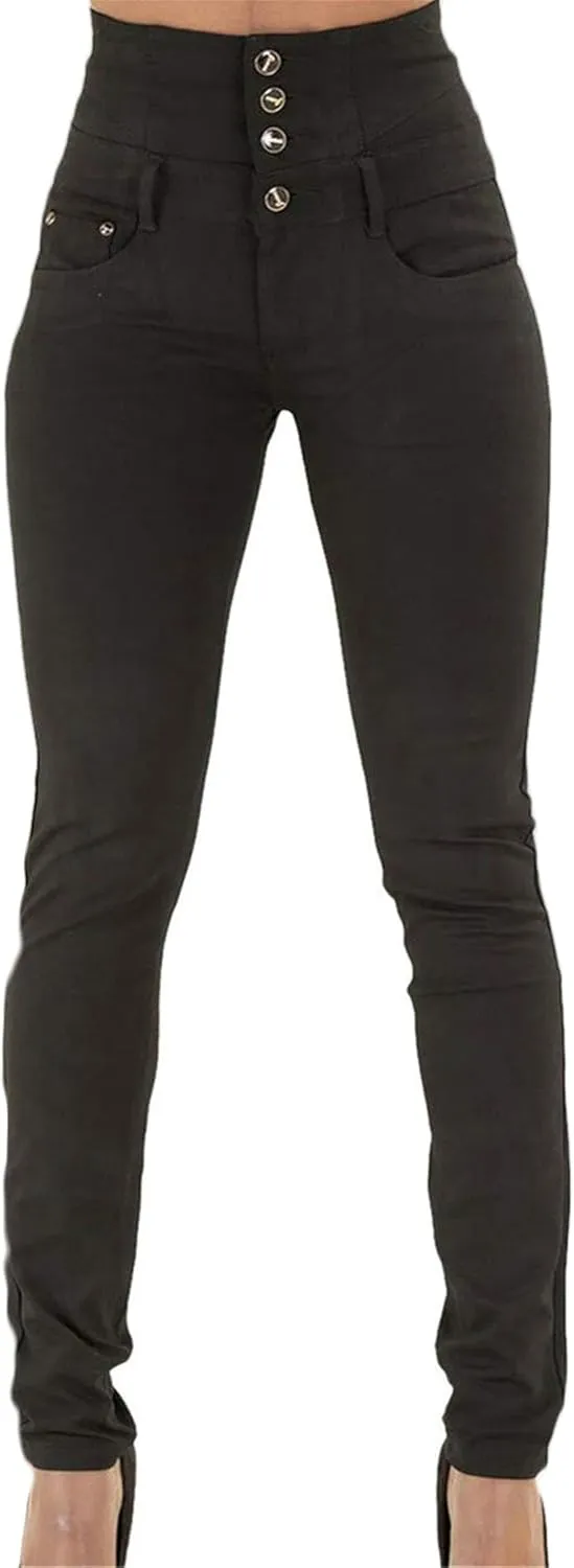 Andongnywell Women Butt Lifting Skinny Jeans High Rise Pockets Denim Pants Stretch Slim Multiple Buttons Trousers