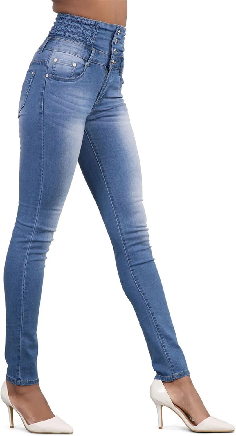Andongnywell Women Butt Lifting Skinny Jeans High Rise Pockets Denim Pants Stretch Slim Multiple Buttons Trousers