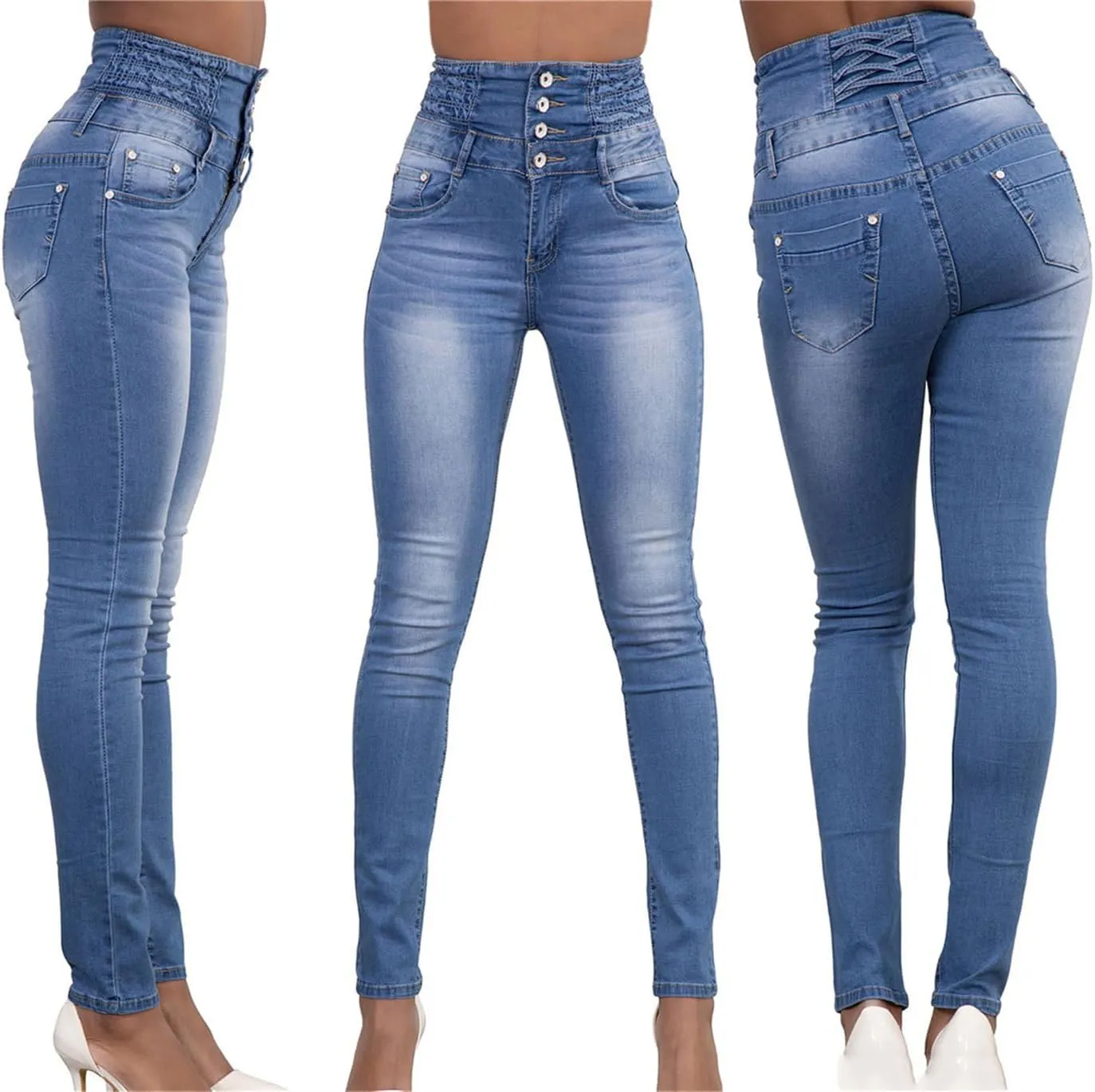 Andongnywell Women Butt Lifting Skinny Jeans High Rise Pockets Denim Pants Stretch Slim Multiple Buttons Trousers