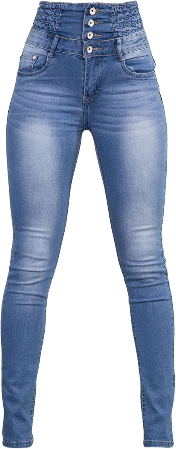 Andongnywell Women Butt Lifting Skinny Jeans High Rise Pockets Denim Pants Stretch Slim Multiple Buttons Trousers