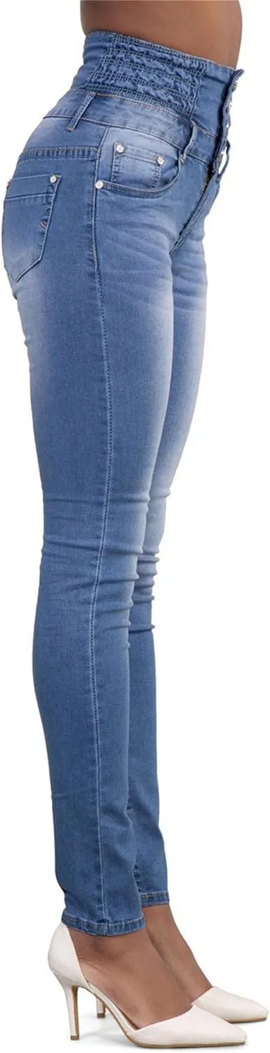 Andongnywell Women Butt Lifting Skinny Jeans High Rise Pockets Denim Pants Stretch Slim Multiple Buttons Trousers
