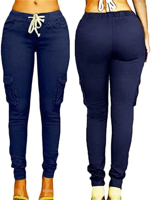 Andongnywell Womens Solid Color Stretch Drawstring Skinny Pants Cargo Joggers Drawstring Skinny Pants