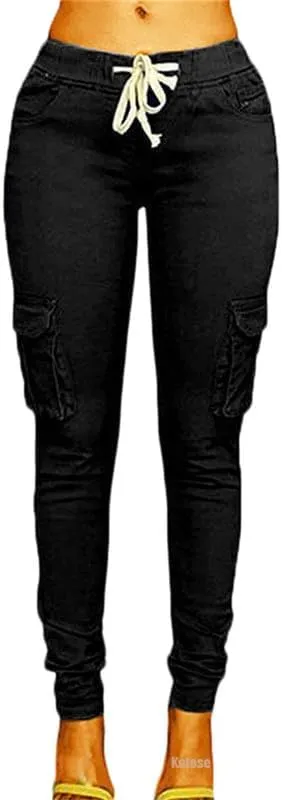 Andongnywell Womens Solid Color Stretch Drawstring Skinny Pants Cargo Joggers Drawstring Skinny Pants
