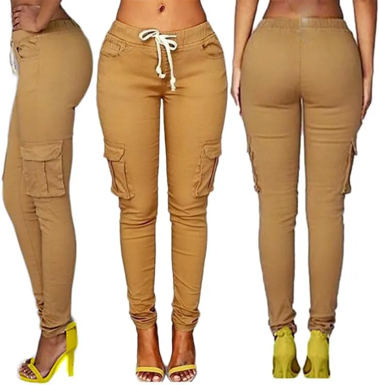 Andongnywell Womens Solid Color Stretch Drawstring Skinny Pants Cargo Joggers Drawstring Skinny Pants