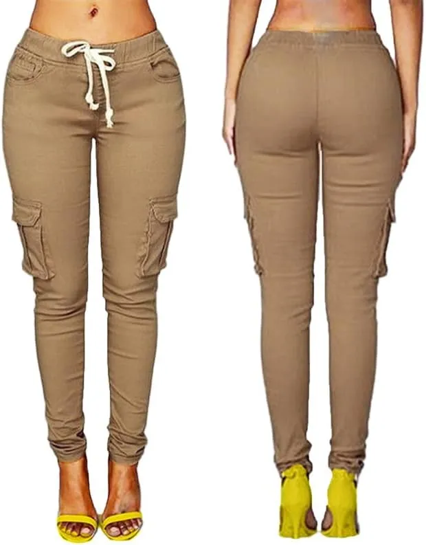 Andongnywell Womens Solid Color Stretch Drawstring Skinny Pants Cargo Joggers Drawstring Skinny Pants