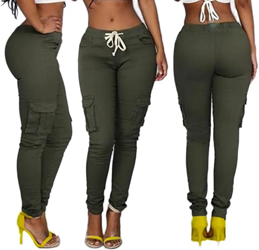 Andongnywell Womens Solid Color Stretch Drawstring Skinny Pants Cargo Joggers Drawstring Skinny Pants