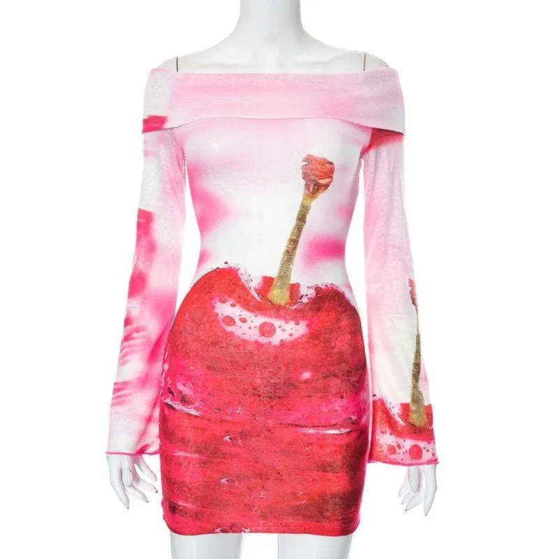 BerryBetty - Cherry pattern contrast off shoulder long sleeve mini dress