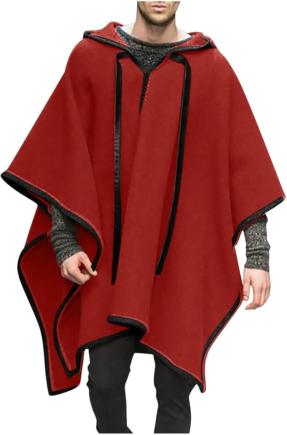Cambkatl Men's Winter Hooded Ponchos Adult Wool Blend Cape Cloak Oversized Pullover Blanket Long Pea Coat