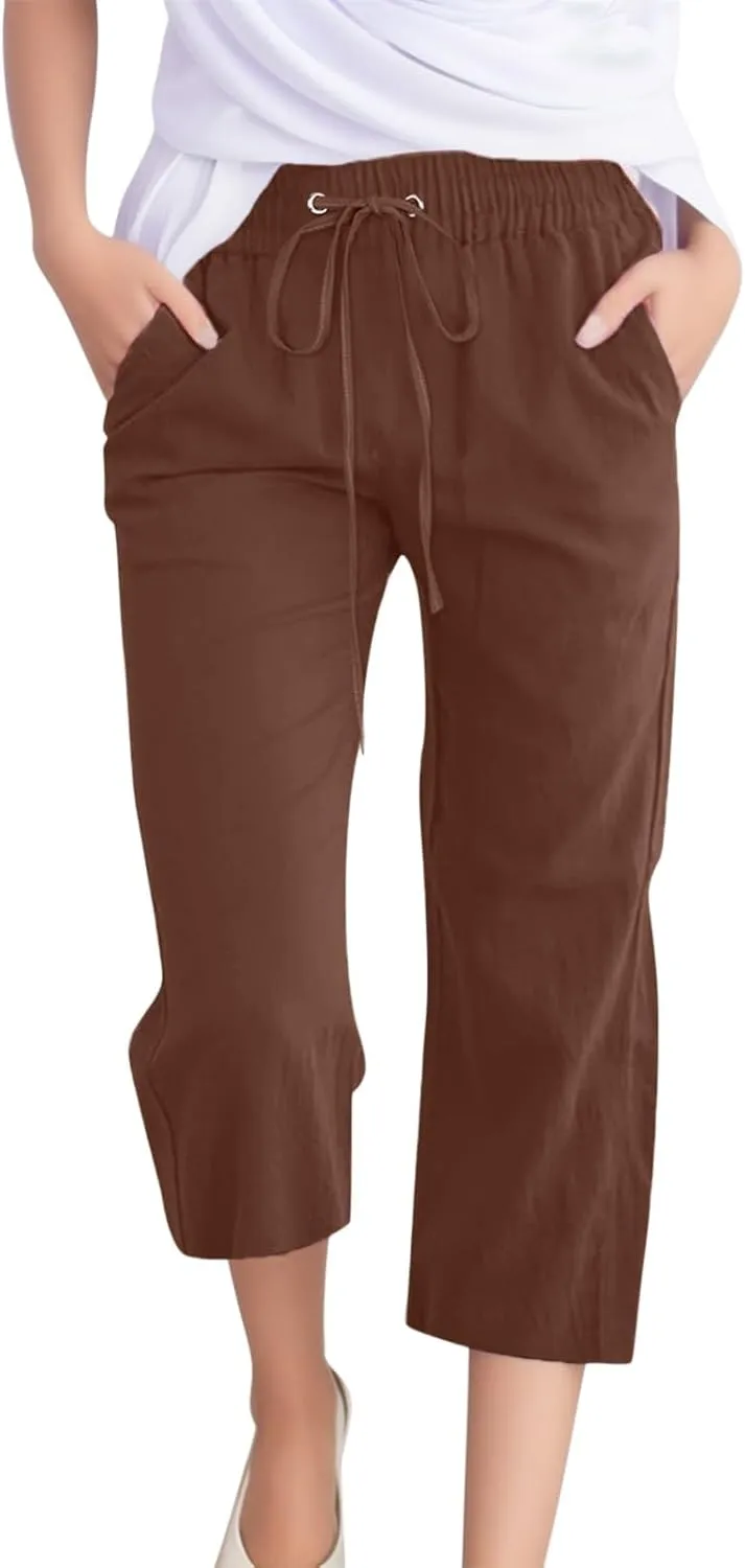 Capris Pants for Women Cotton Linen Casual Summer 2025 Straight Leg Cropped Trouser Drawstring Elastic Waist Beach Pants
