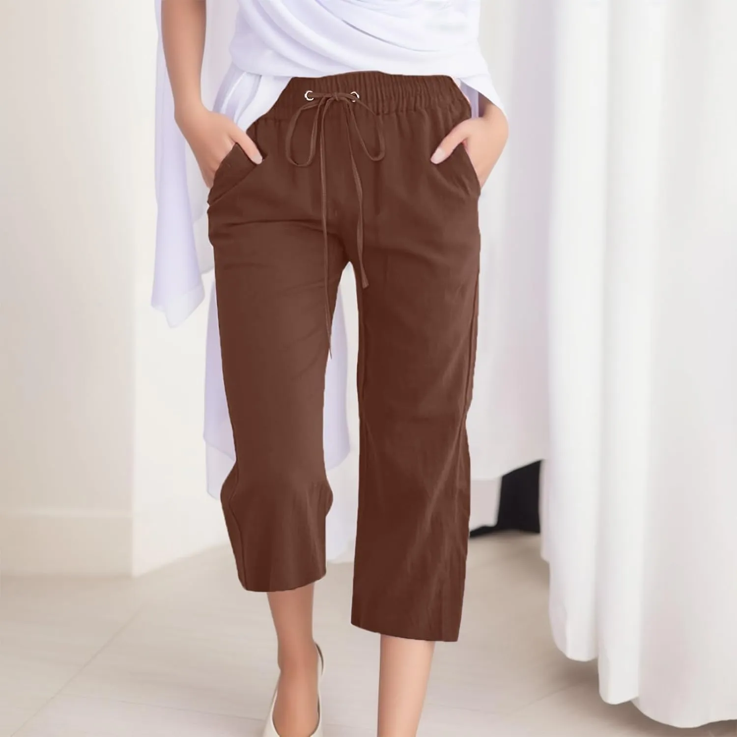 Capris Pants for Women Cotton Linen Casual Summer 2025 Straight Leg Cropped Trouser Drawstring Elastic Waist Beach Pants