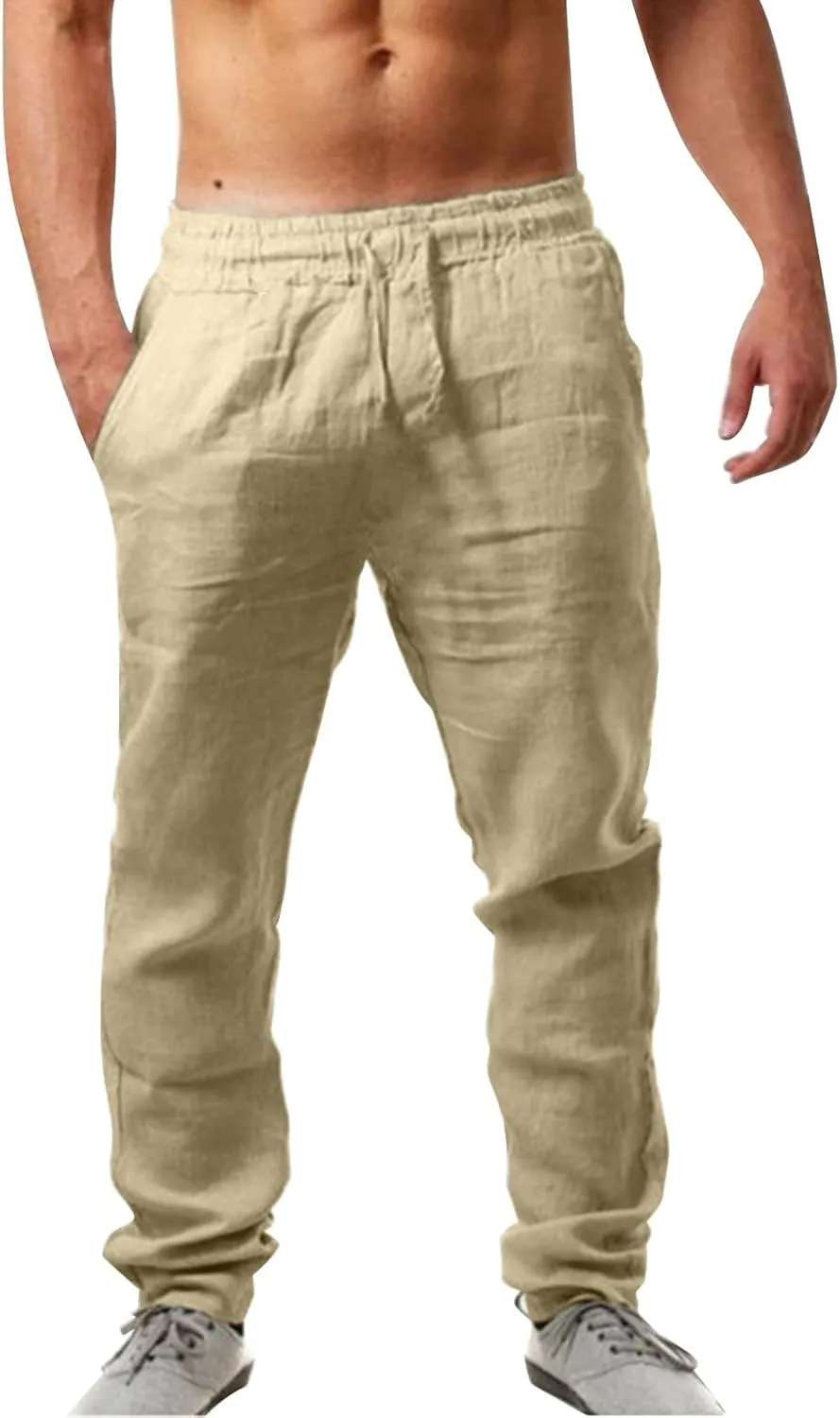 Casual Linen Pants Men Summer Lightweight Yoga Beach Pant Drawstring Elastic Waist Loose Straight Leg Lounge Trousers
