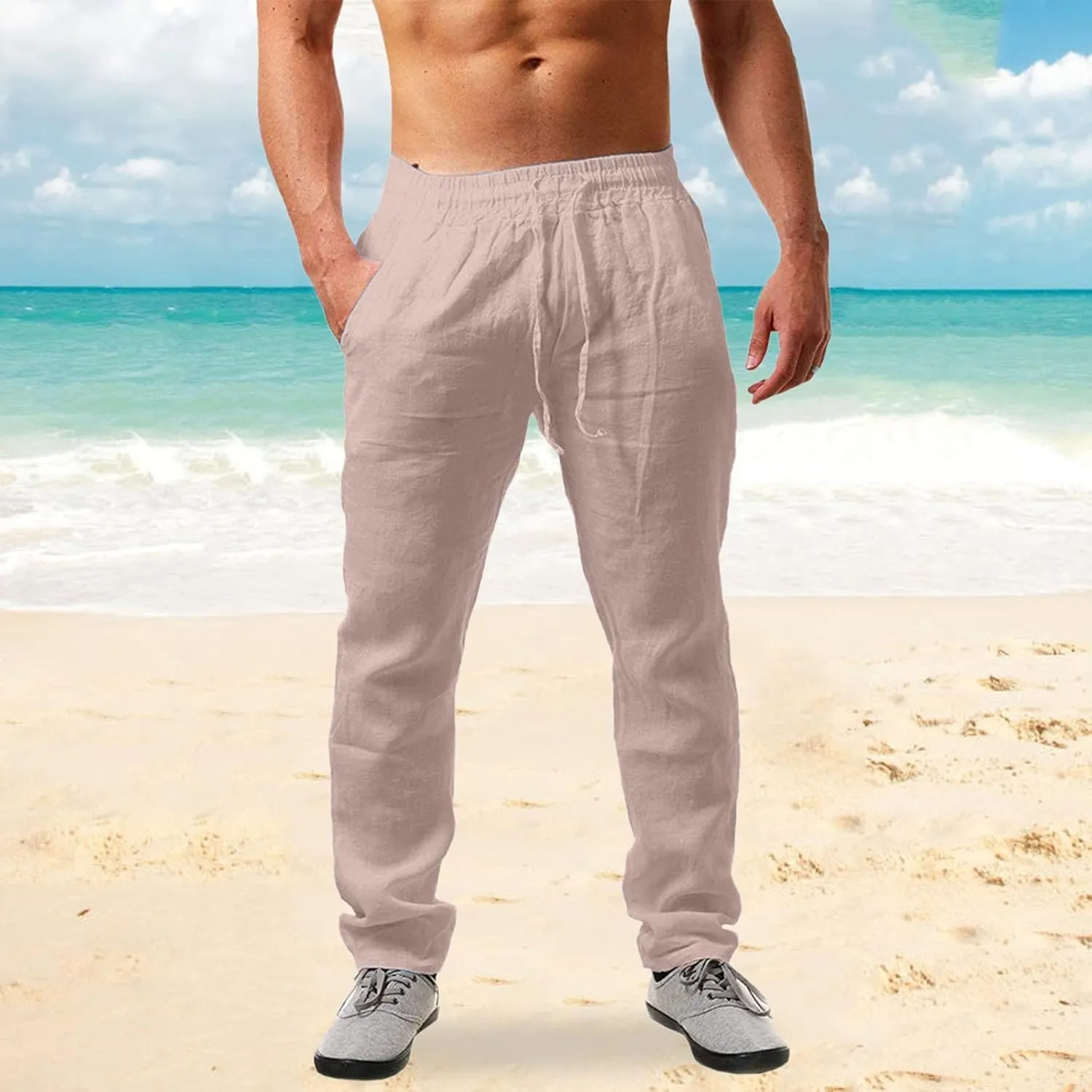 Casual Linen Pants Men Summer Lightweight Yoga Beach Pant Drawstring Elastic Waist Loose Straight Leg Lounge Trousers