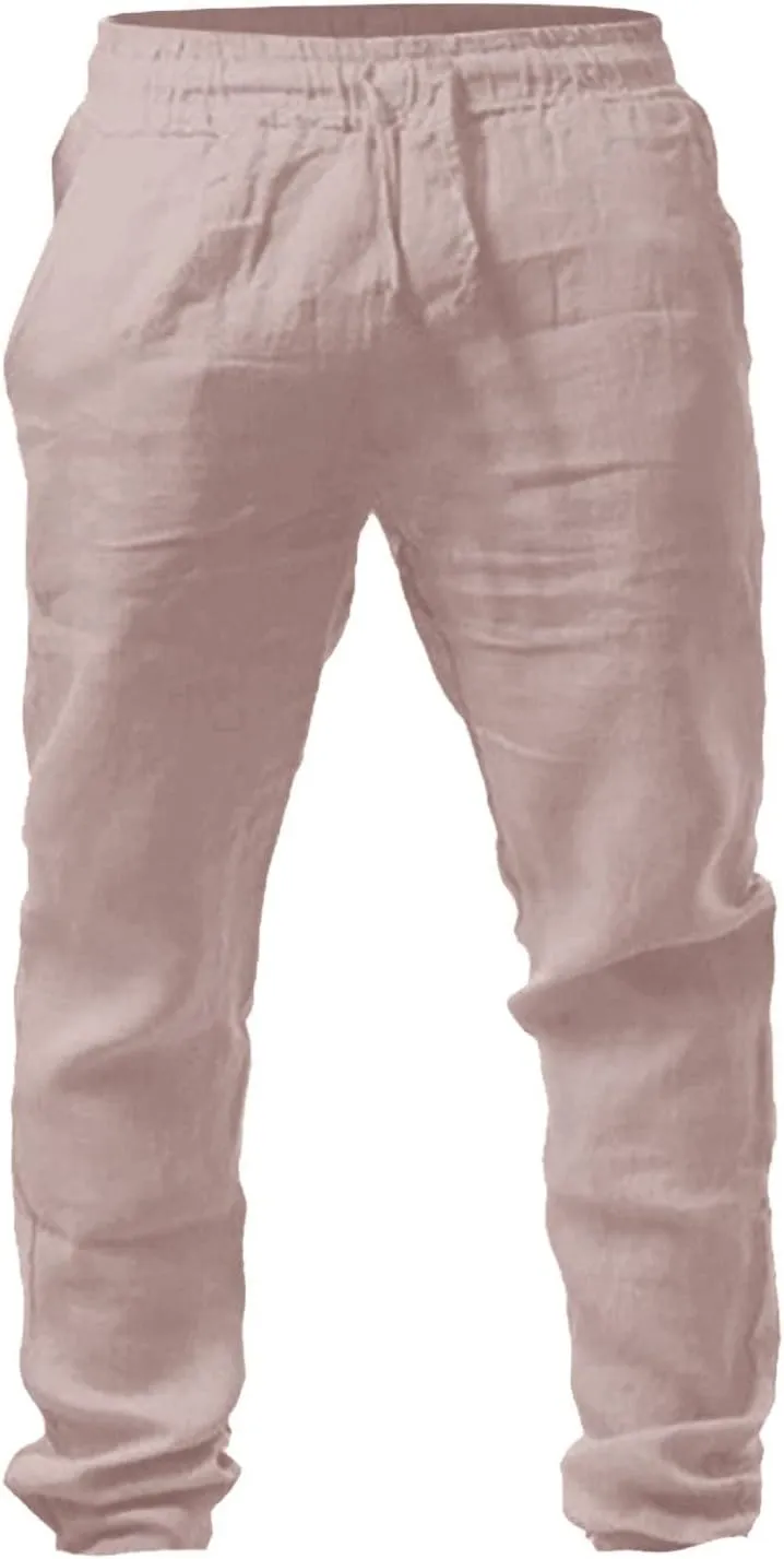 Casual Linen Pants Men Summer Lightweight Yoga Beach Pant Drawstring Elastic Waist Loose Straight Leg Lounge Trousers
