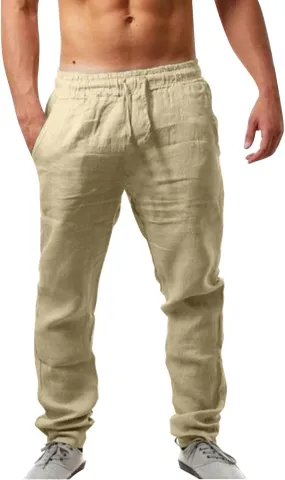 Casual Linen Pants Men Summer Lightweight Yoga Beach Pant Drawstring Elastic Waist Loose Straight Leg Lounge Trousers
