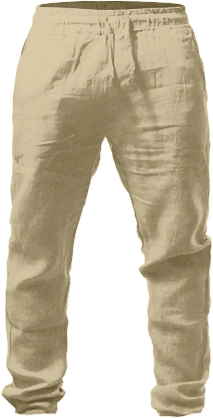 Casual Linen Pants Men Summer Lightweight Yoga Beach Pant Drawstring Elastic Waist Loose Straight Leg Lounge Trousers
