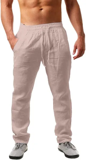 Casual Linen Pants Men Summer Lightweight Yoga Beach Pant Drawstring Elastic Waist Loose Straight Leg Lounge Trousers