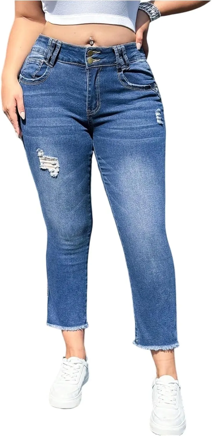 Cropped Jeans for Women Stretchy High Rise Straight Leg Jeans Skinny Button Tummy Control Dress Pants with Pockets