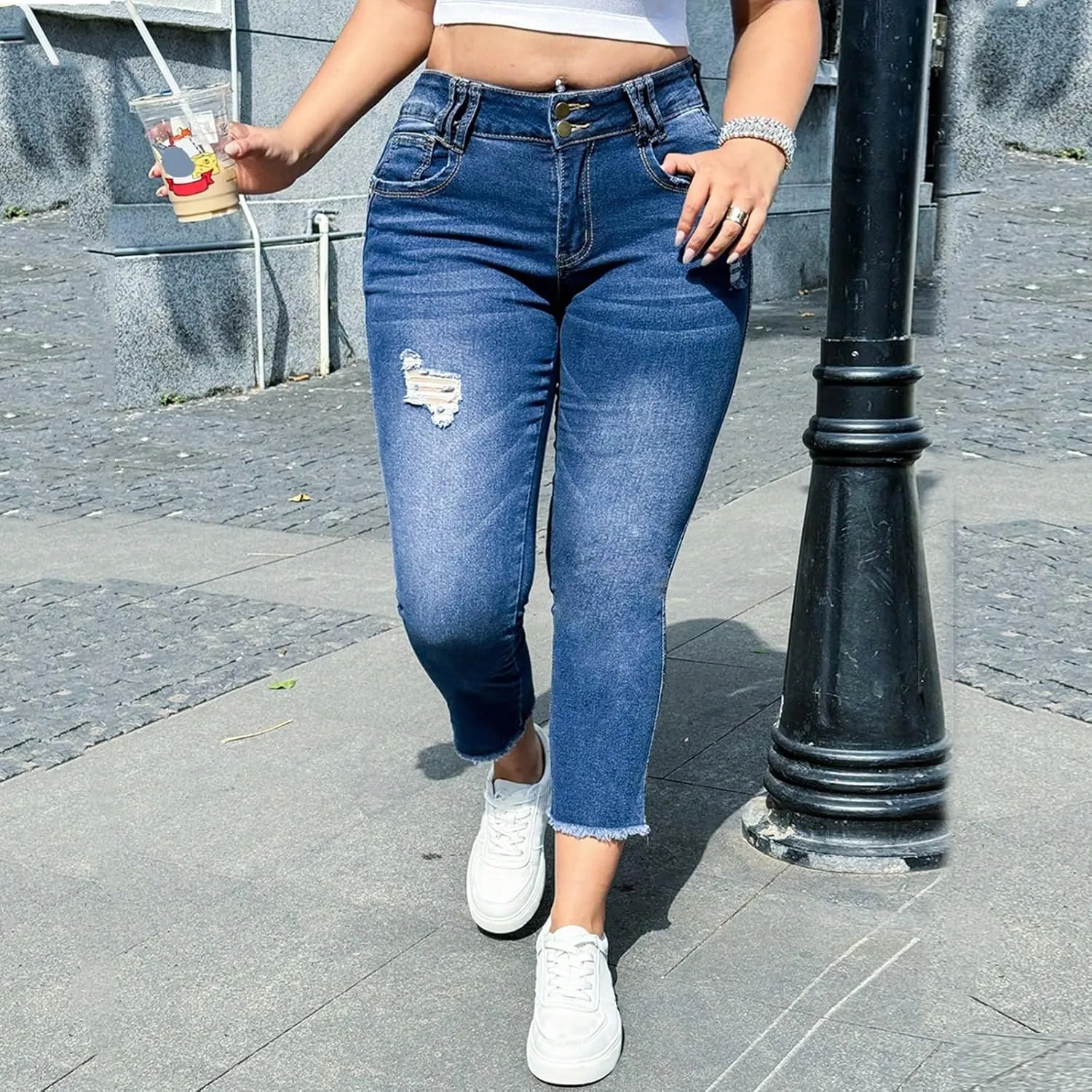 Cropped Jeans for Women Stretchy High Rise Straight Leg Jeans Skinny Button Tummy Control Dress Pants with Pockets
