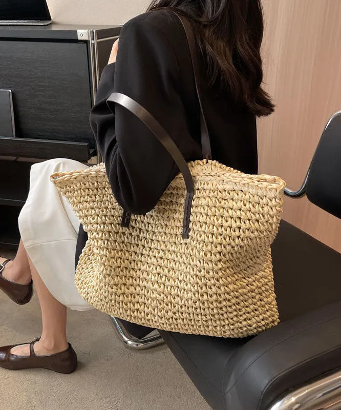 DIY Beige Zip Up Patchwork Straw Woven Satchel Bag Handbag LY1391