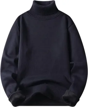 Fleece Lined Sweatshirts for Men Turtleneck Oversized Long Sleeve Knit Sweater Solid Casual Winter Warm Pullover Tops