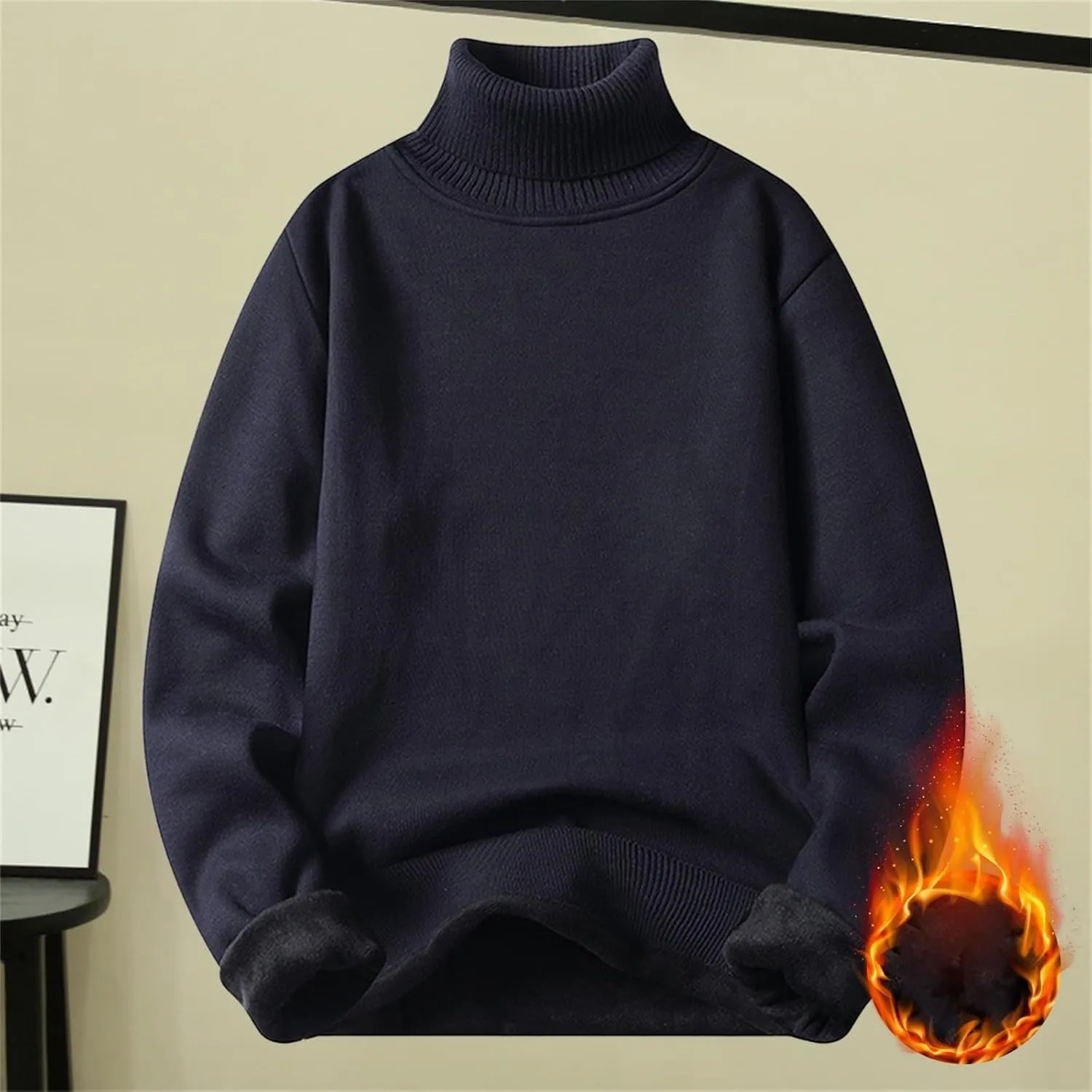 Fleece Lined Sweatshirts for Men Turtleneck Oversized Long Sleeve Knit Sweater Solid Casual Winter Warm Pullover Tops