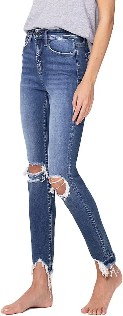 Flying Monkey Skinny Jeans High-Rise Blue Distressed Knee Hem