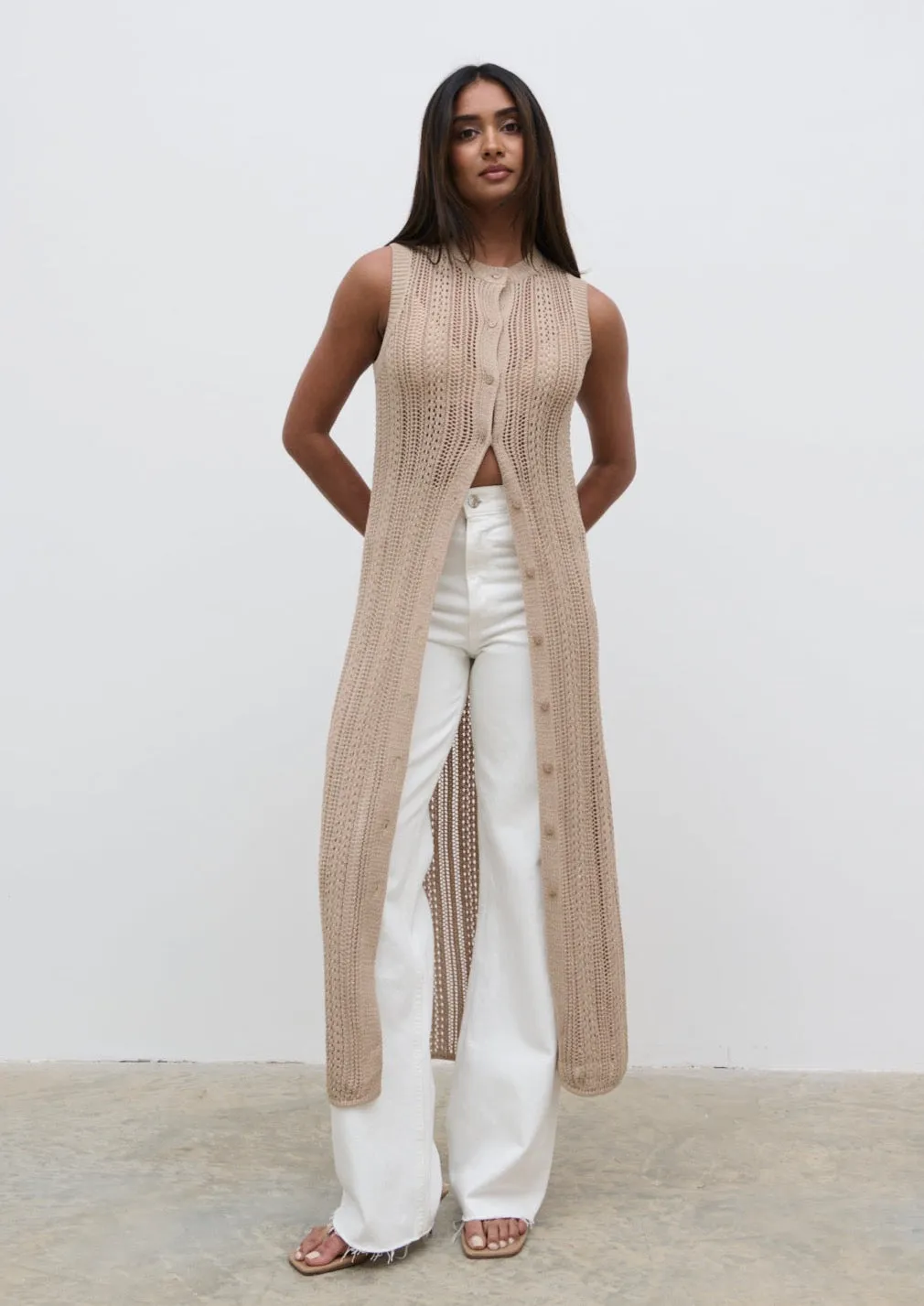 Helen Longline Open Knit Cardigan - beige