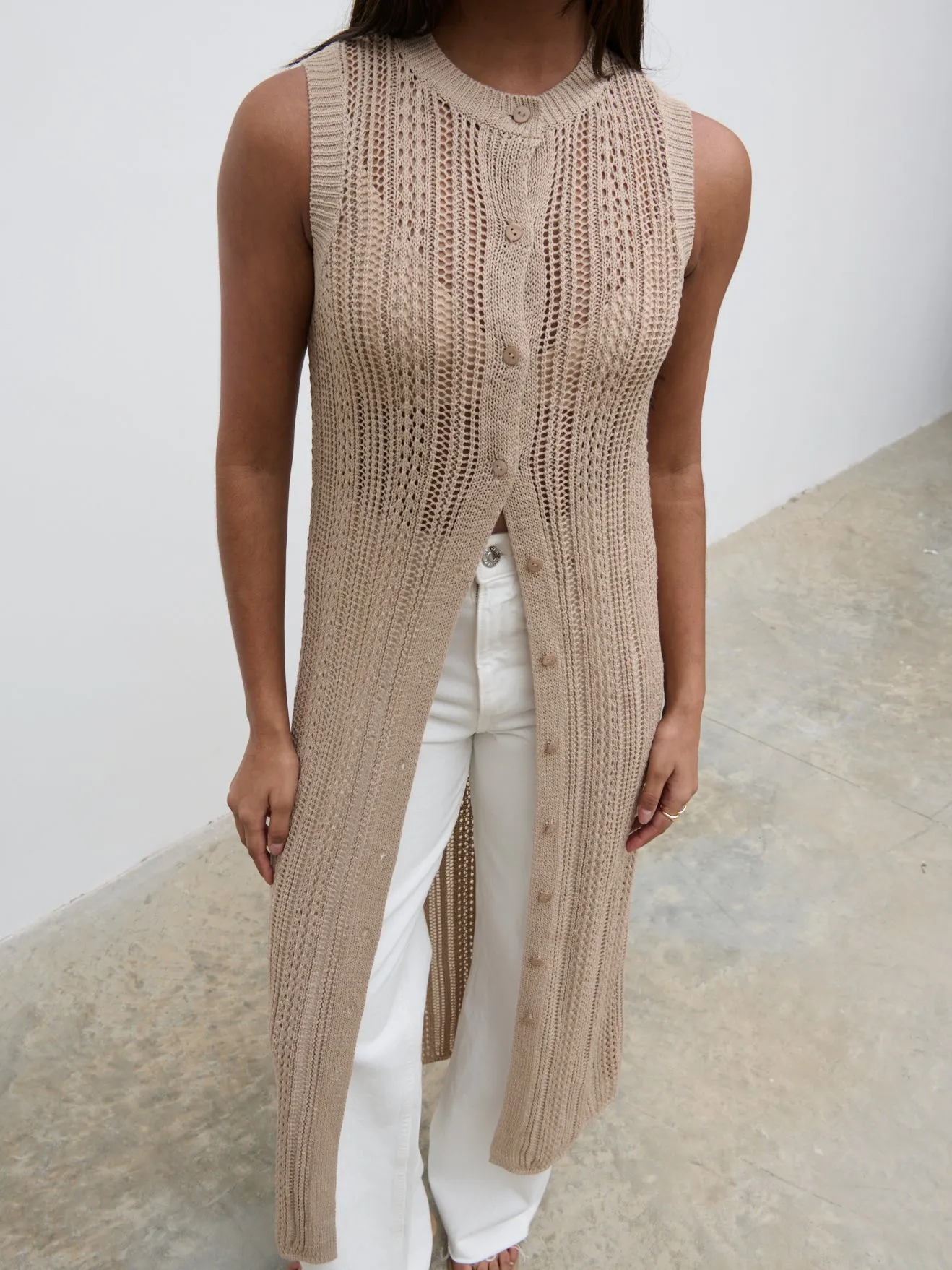 Helen Longline Open Knit Cardigan - beige