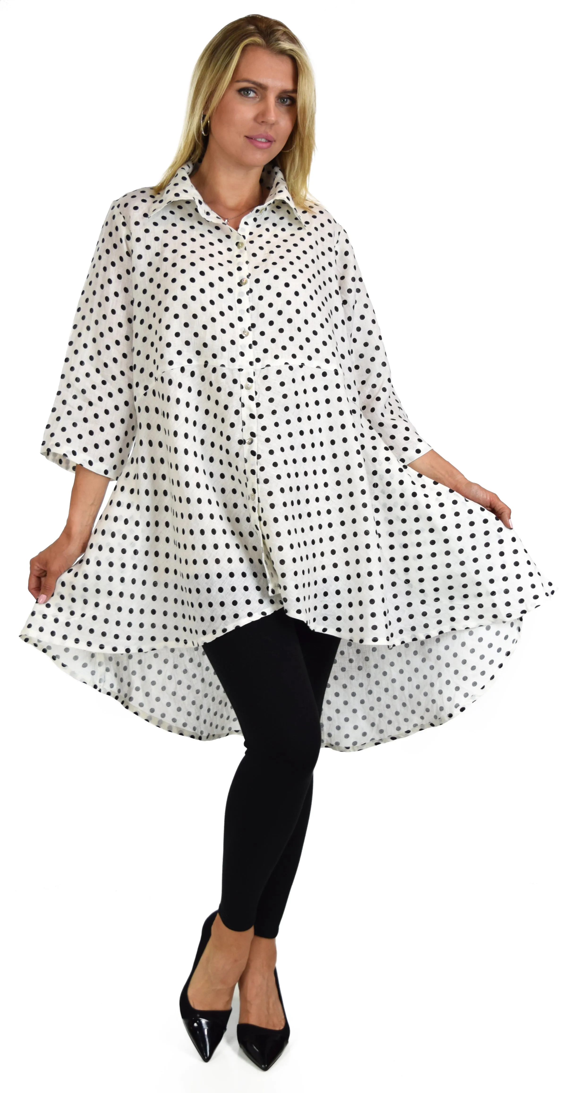 Hi Low Linen shirt,  100% linen Blouse, Wome linen top, Linen Tunic, Polka Dot Linen Shirt, Plus size Shirt, Plus size linen blouse