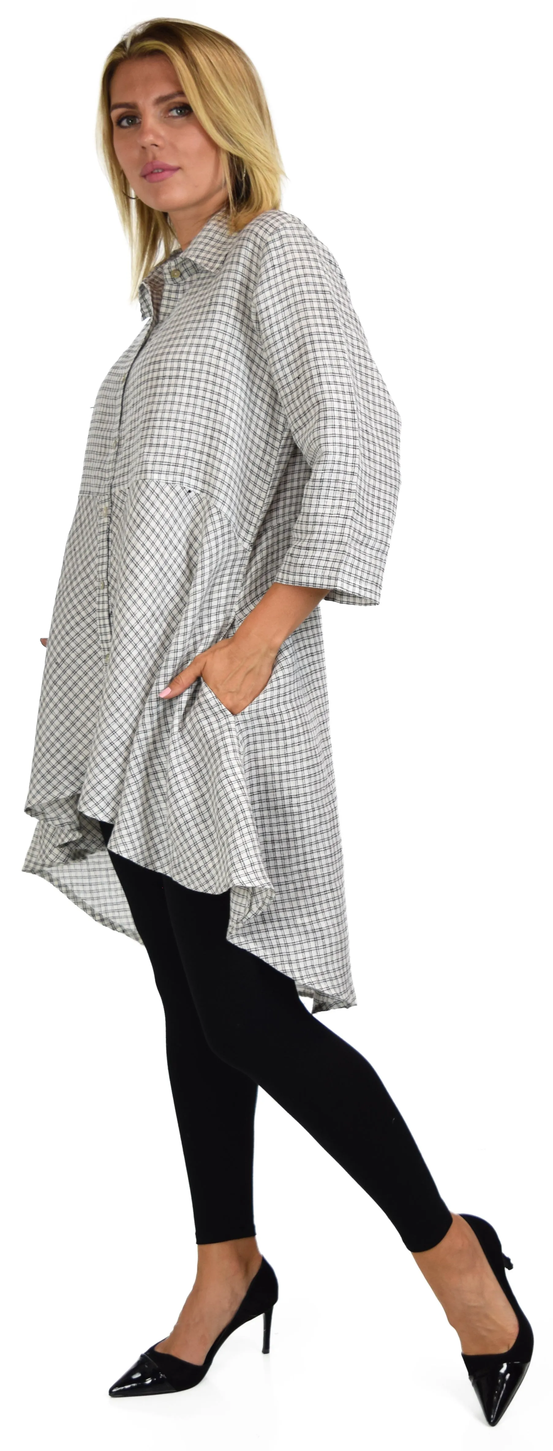 Hi Low Linen shirt,  100% linen Blouse, Wome linen top, Linen Tunic, Polka Dot Linen Shirt, Plus size Shirt, Plus size linen blouse
