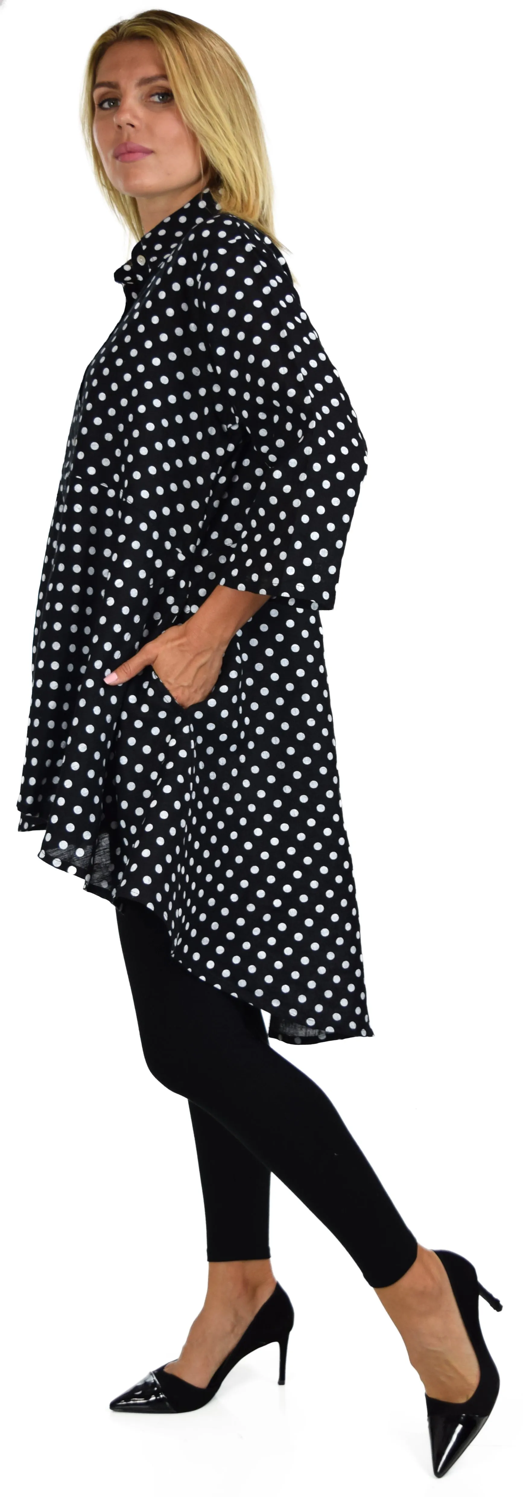 Hi Low Linen shirt,  100% linen Blouse, Wome linen top, Linen Tunic, Polka Dot Linen Shirt, Plus size Shirt, Plus size linen blouse