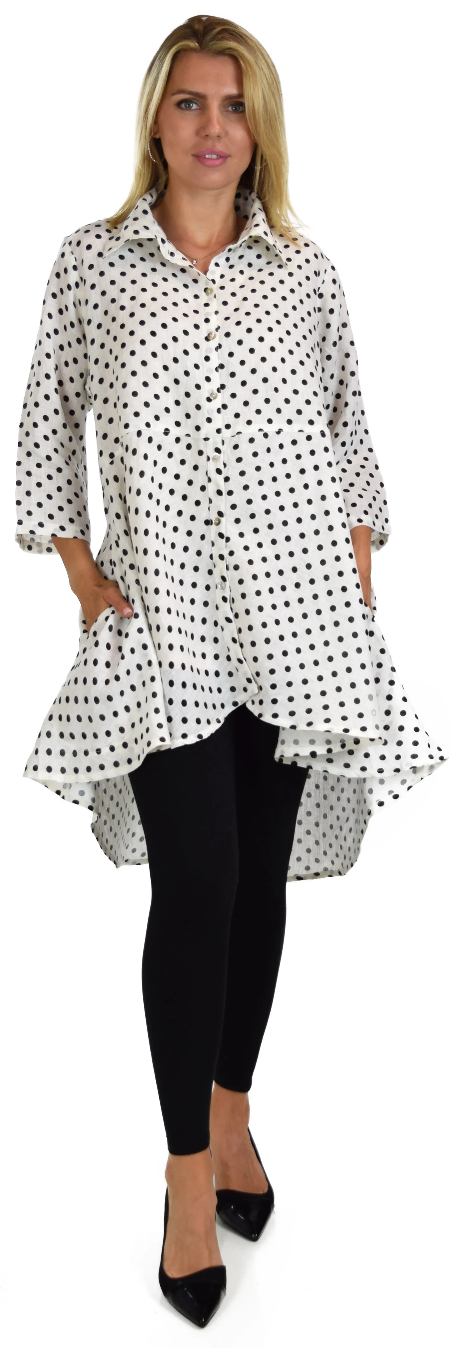 Hi Low Linen shirt,  100% linen Blouse, Wome linen top, Linen Tunic, Polka Dot Linen Shirt, Plus size Shirt, Plus size linen blouse
