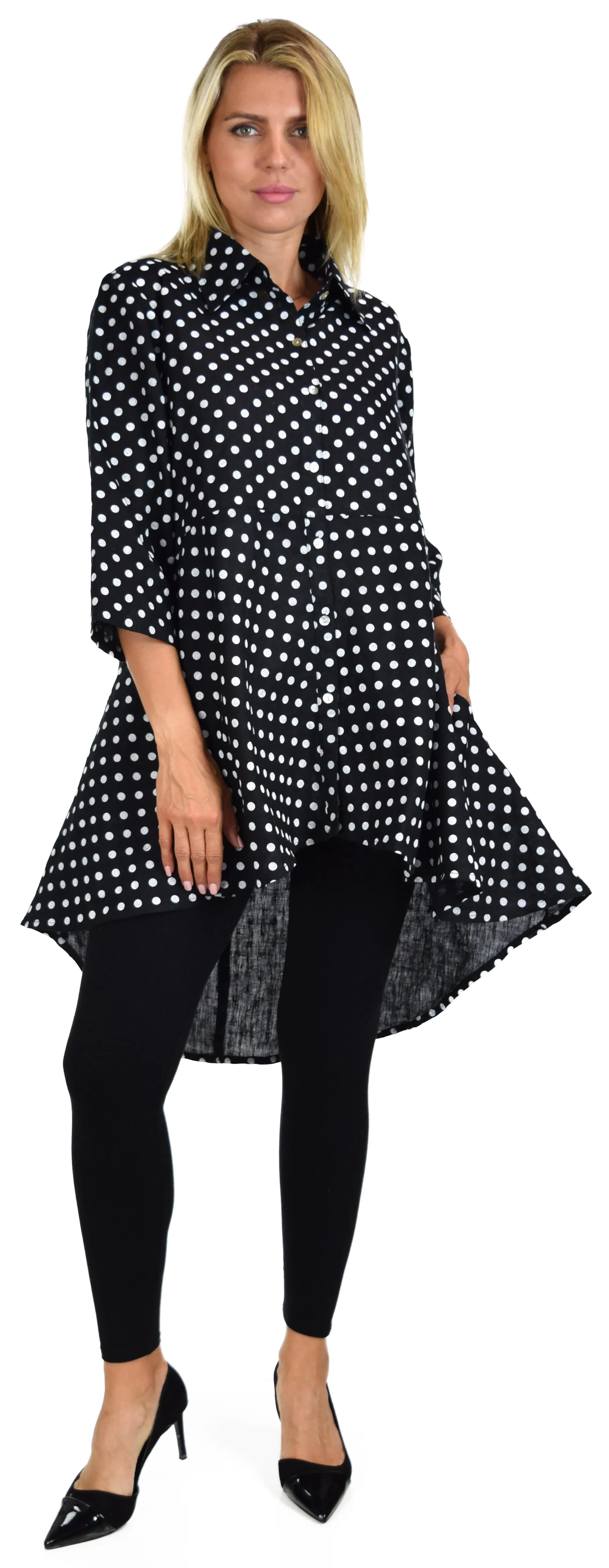 Hi Low Linen shirt,  100% linen Blouse, Wome linen top, Linen Tunic, Polka Dot Linen Shirt, Plus size Shirt, Plus size linen blouse