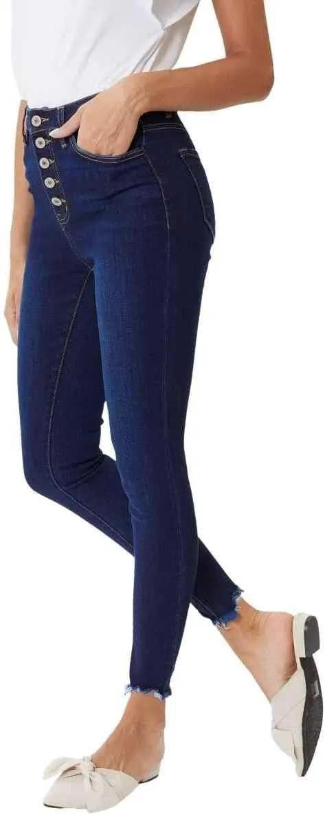 Kan Can Women's High Rise Button Fly Distressed Super Skinny Jeans