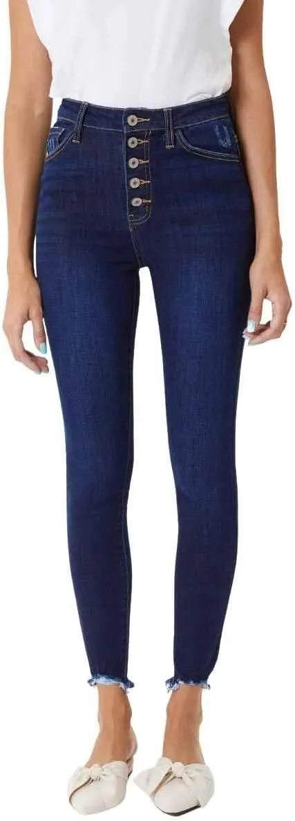 Kan Can Women's High Rise Button Fly Distressed Super Skinny Jeans