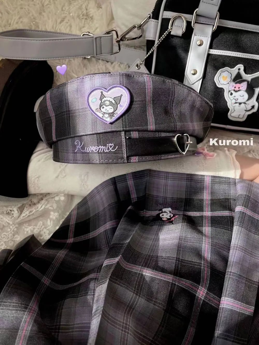 Kuromi Heart Embroidery JK Preppy Beret