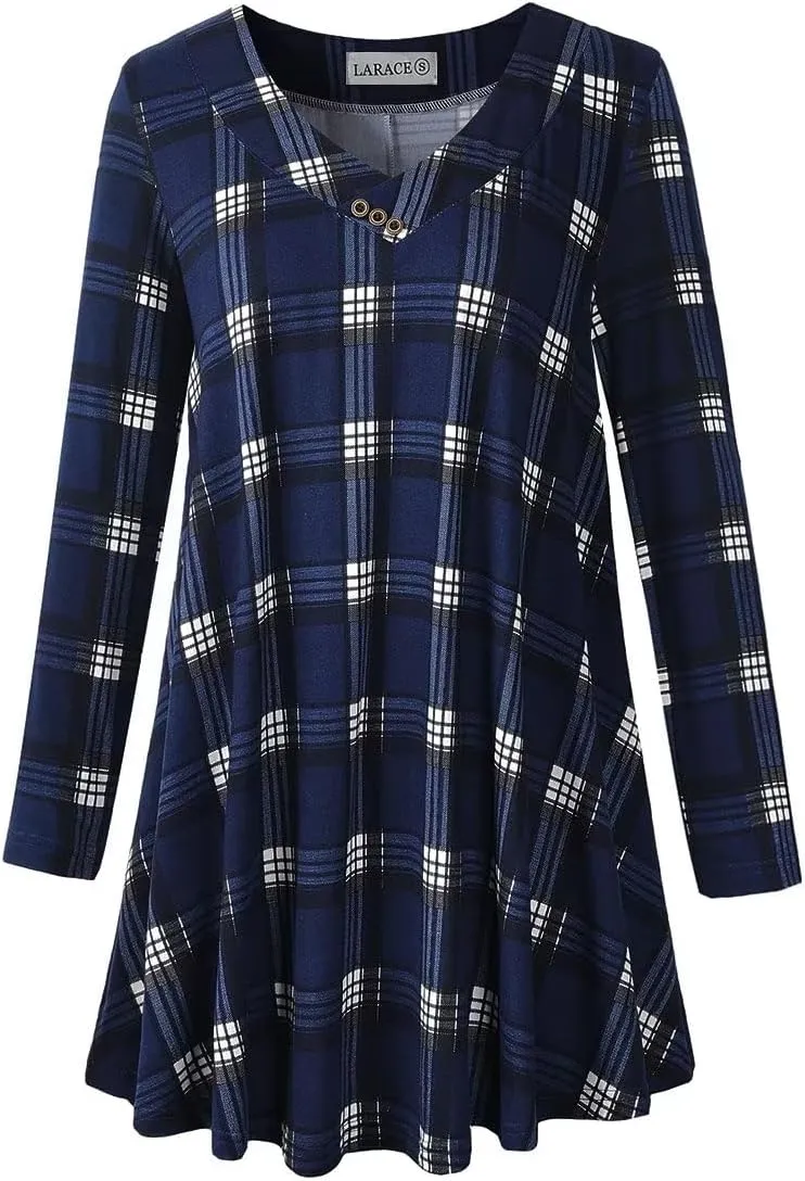 LARACE Women Plus Size Tunic Tops Long Sleeve V Neck Blouse Loose Swing Basic Flowy T Shirt for Leggings