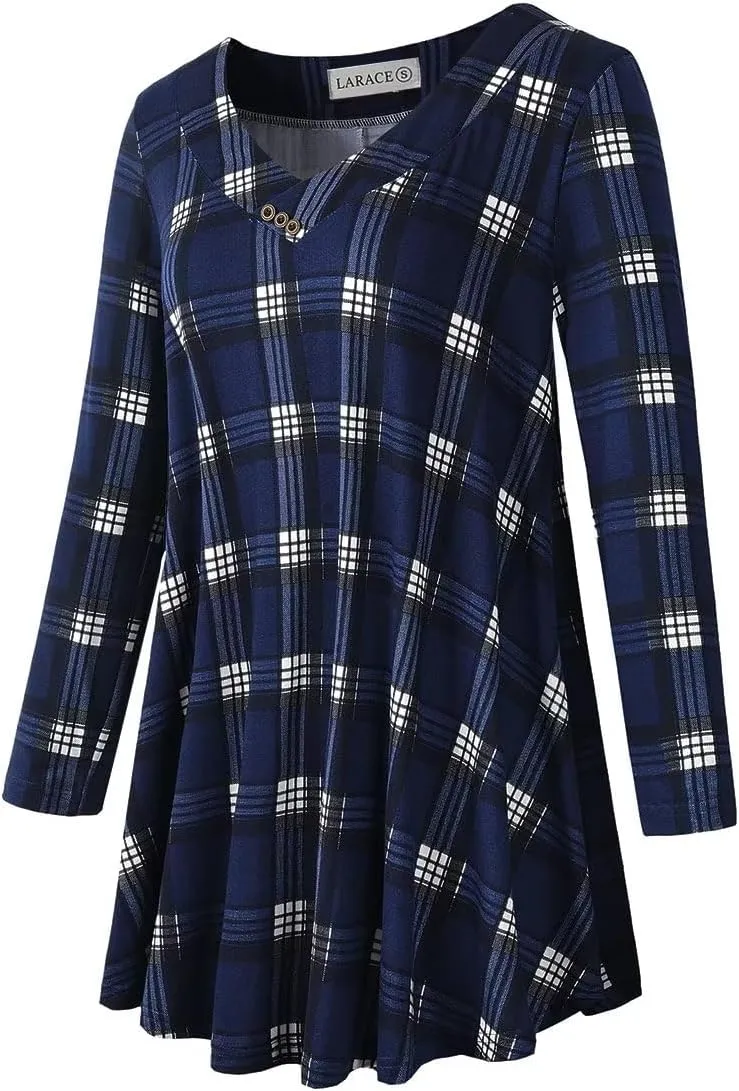LARACE Women Plus Size Tunic Tops Long Sleeve V Neck Blouse Loose Swing Basic Flowy T Shirt for Leggings