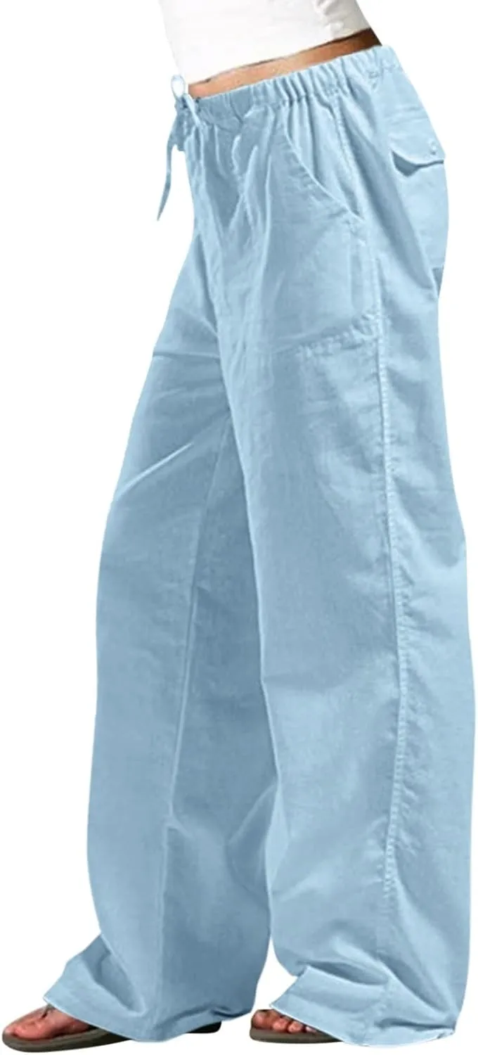 Linen Pants Women Elastic Waisted Baggy Drawstring Wide Leg Pant Solid Streetwear Summer Lounge Trousers with Pockets