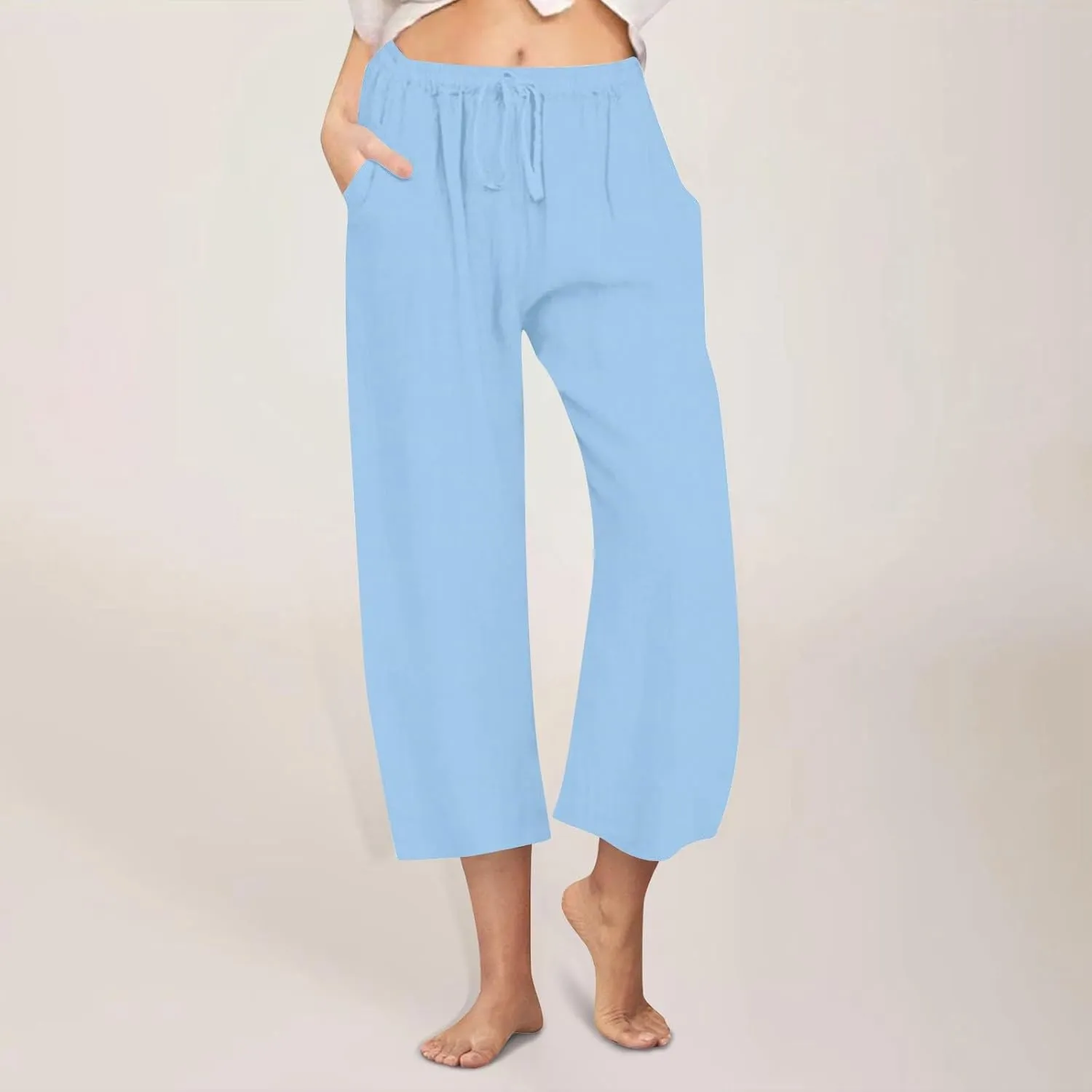Linen Pants Women Summer Cotton Linen Capris 2025 Wide Leg Boho Pants Drawstring Vacation Beach Cropped Trouser Capris