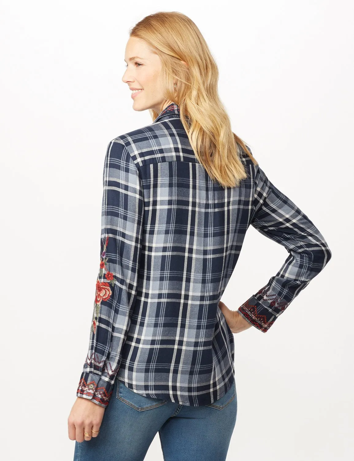 Long Sleeve Embroidered Plaid Woven Top