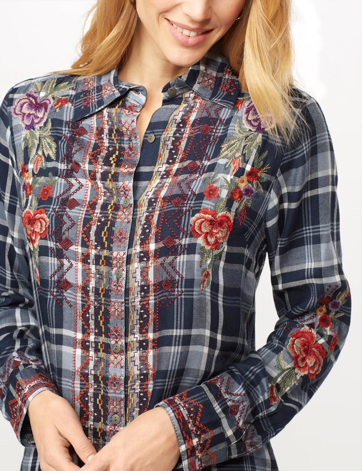 Long Sleeve Embroidered Plaid Woven Top