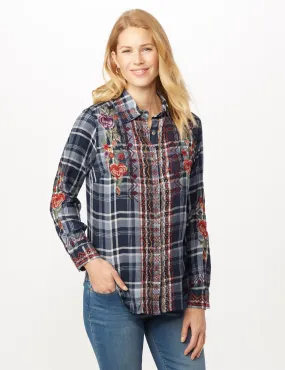 Long Sleeve Embroidered Plaid Woven Top