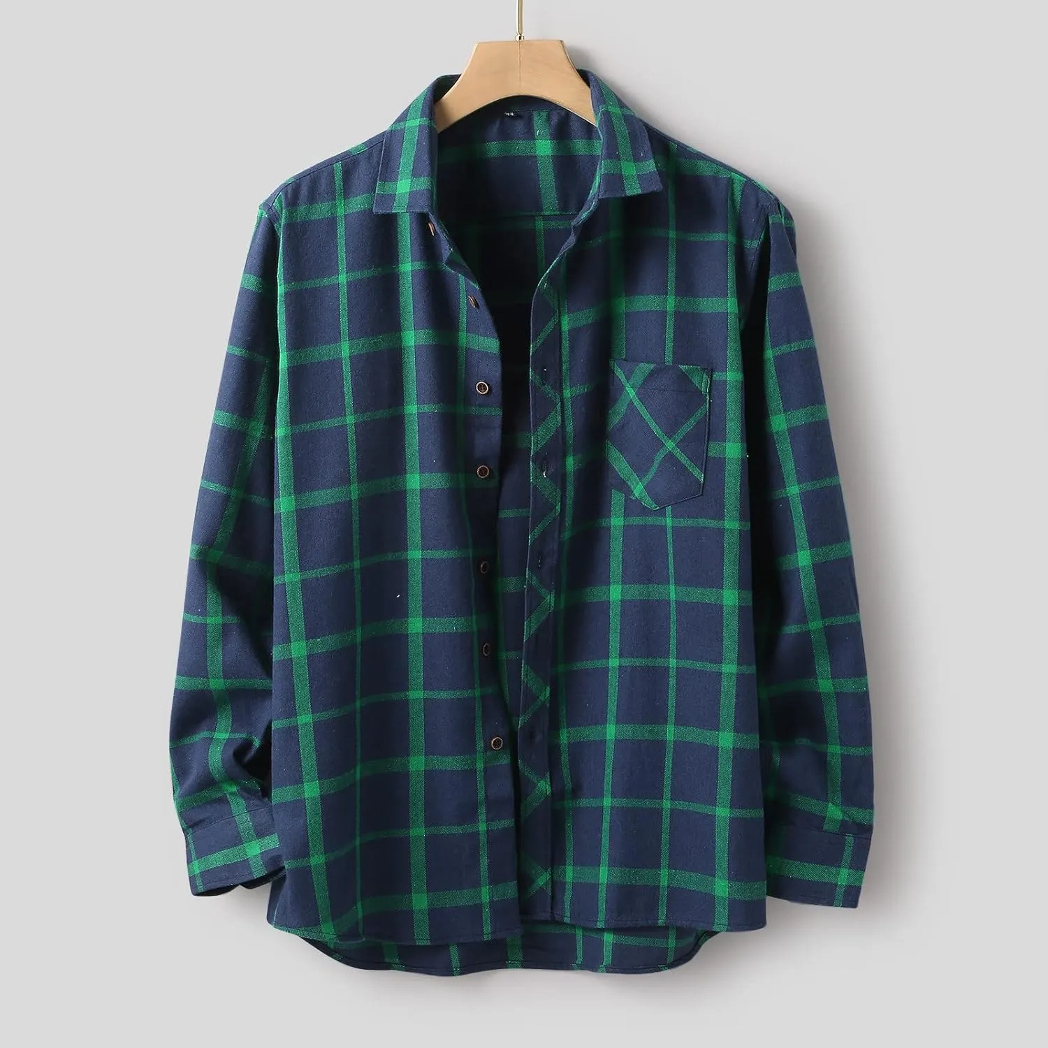 Men's Black Cotton Plaid Flannel Shirt Jacket, Long Sleeve, Point Collar, Casual, Western Style, Size Medium, XL