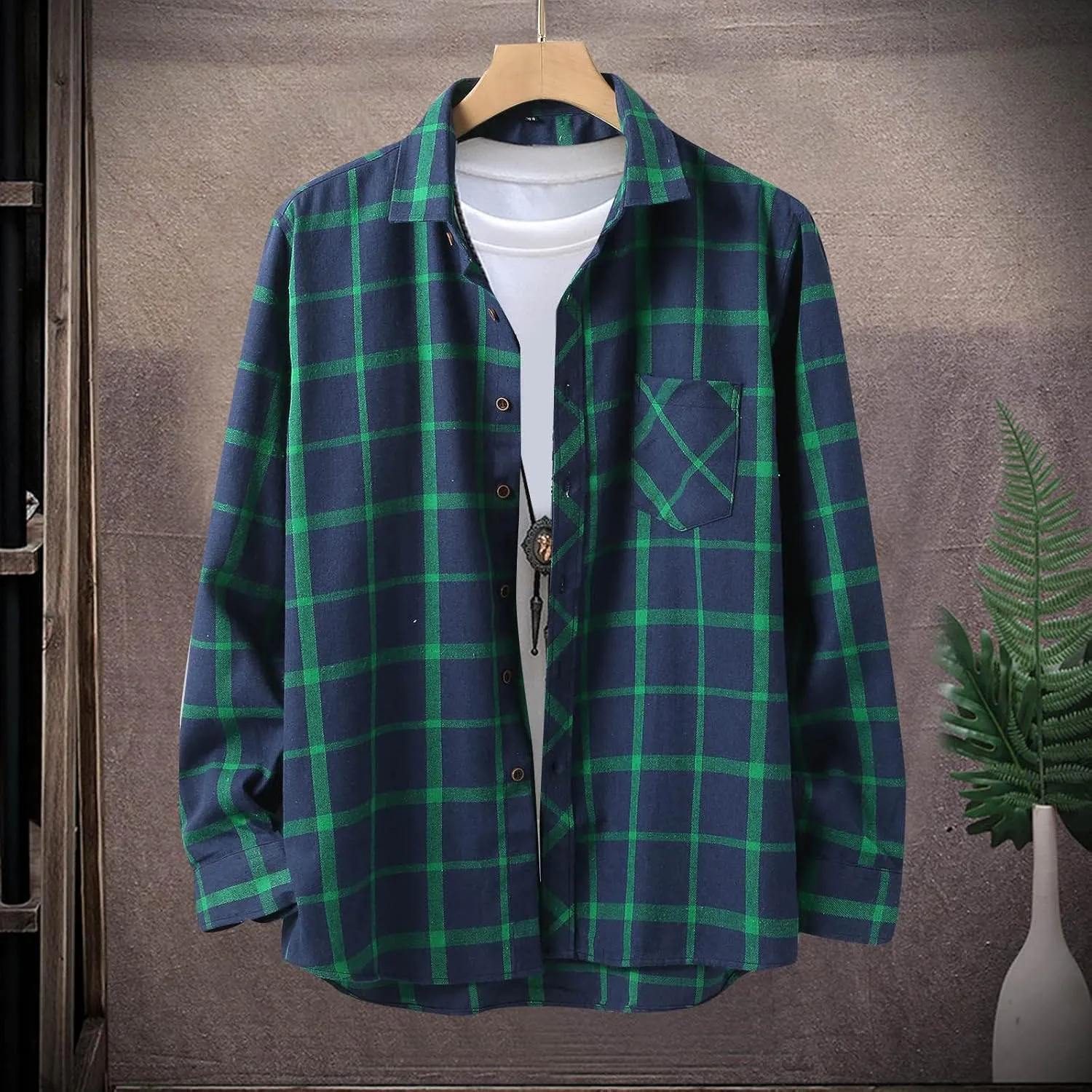 Men's Black Cotton Plaid Flannel Shirt Jacket, Long Sleeve, Point Collar, Casual, Western Style, Size Medium, XL