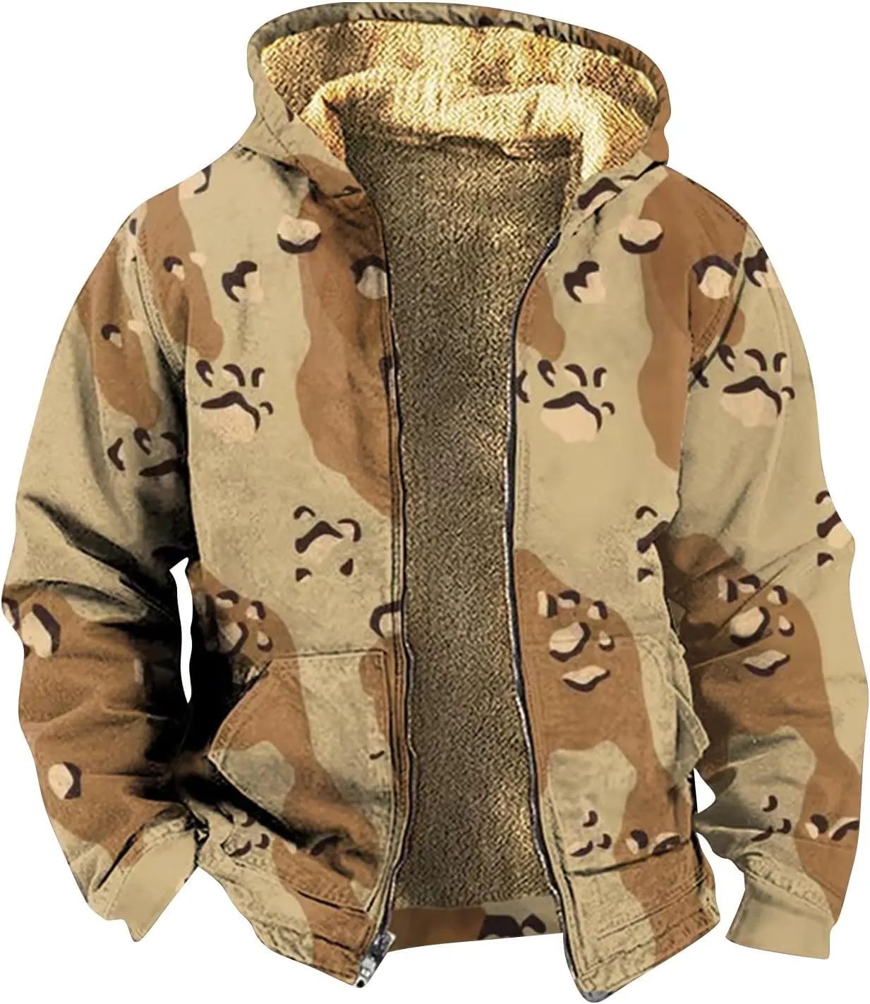 Men's Full Zip Up Fleece Flannel Jackets Camo Camouflage Hoodies Warm Sweater Coat Hunting Performance Sweatshirt