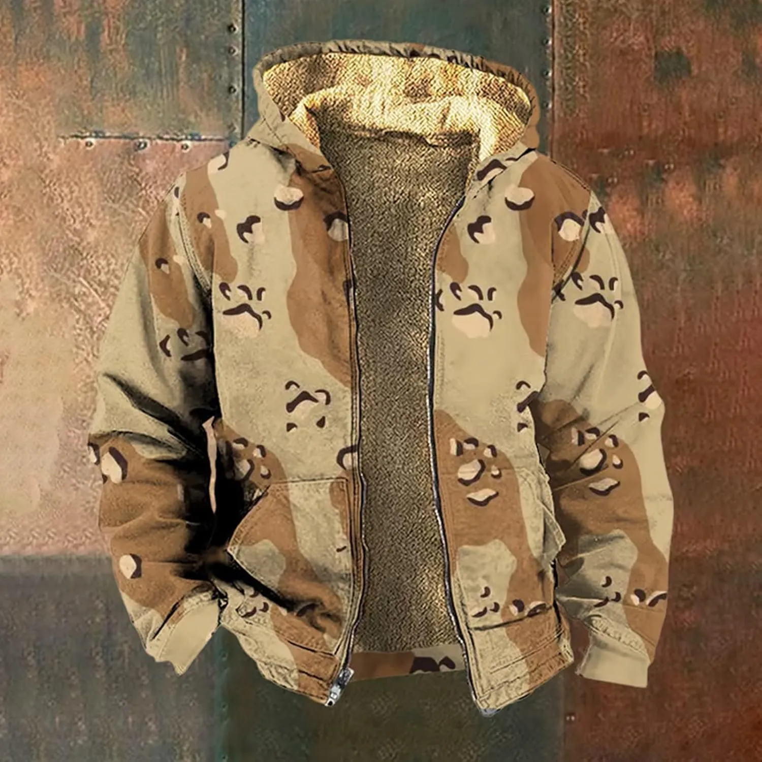 Men's Full Zip Up Fleece Flannel Jackets Camo Camouflage Hoodies Warm Sweater Coat Hunting Performance Sweatshirt